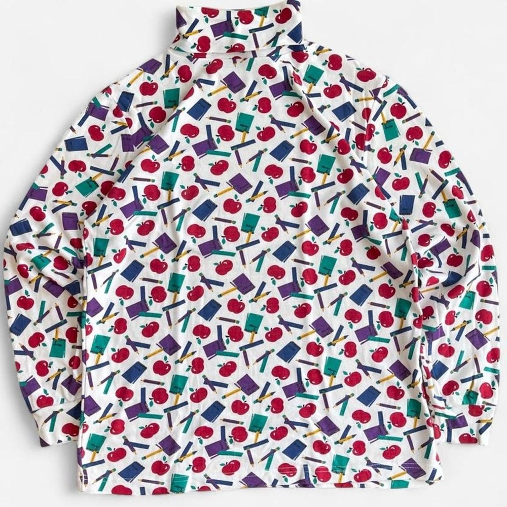Vintage Alison Craig Long Sleeve Turtleneck Shirt with Teacher Themed Design AOP